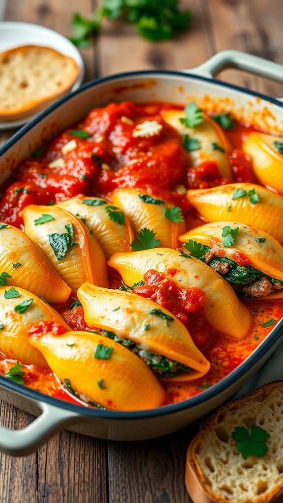 A delicious baking dish of stuffed pasta shells filled with beef and spinach, topped with cheese and marinara, garnished with parsley.